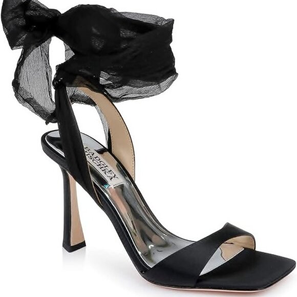 BADGLEY MISCHKA Primrose Ankle Wrap Sandal in Black Satin Size 5 Like New in Box - Picture 1 of 11